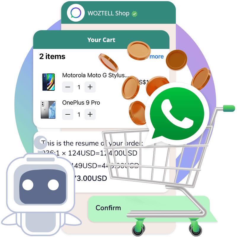 Illustration of WhatsApp conversational commerce: cart summary, order confirmation, and bot-assisted checkout.