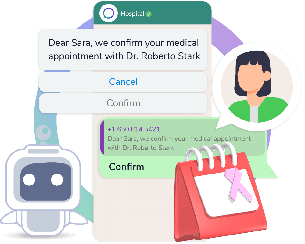 Illustration of WhatsApp customer support: appointment confirmation, quick actions, and bot-assisted handling.