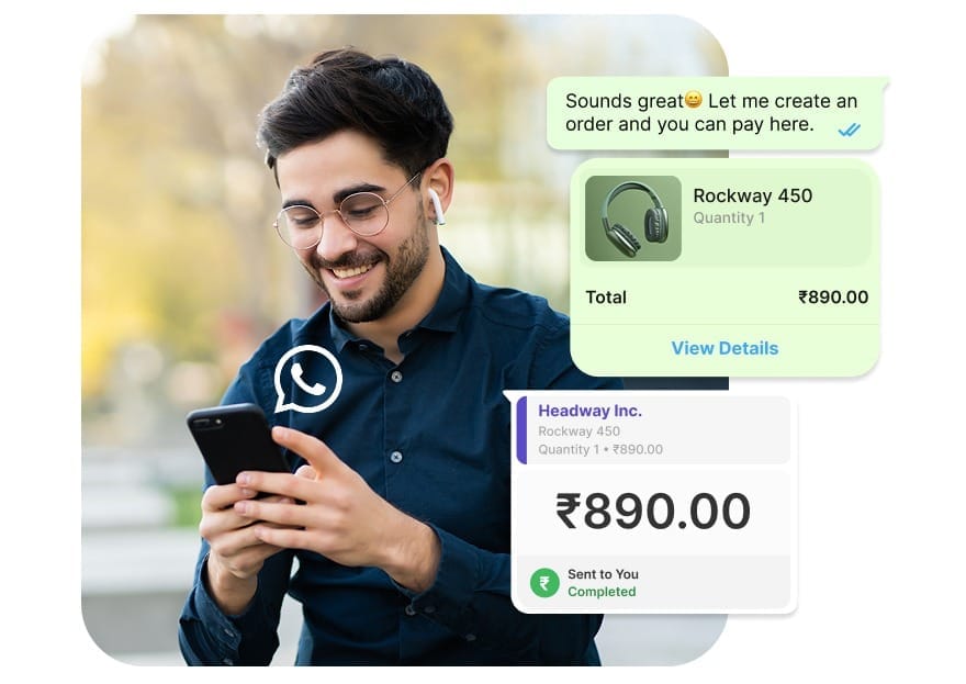 Illustration of collecting a payment in WhatsApp: order summary in chat, amount, and completed payment status.