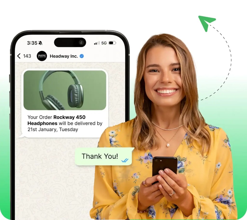 WhatsApp promotional broadcast preview with customer confirmation message.
